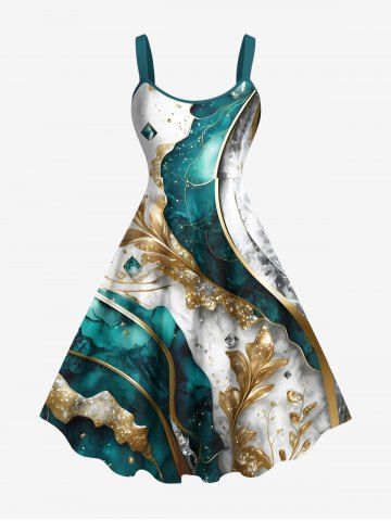 Plus Size Metallic Leaf Diamond Print Hawaii Tank Dress - GREEN - 3X