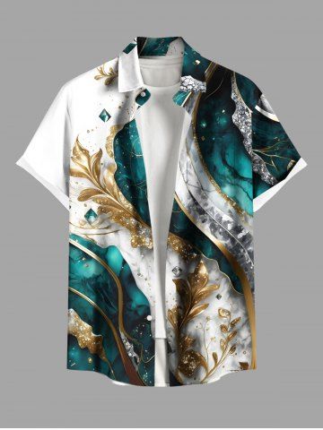 Plus Size Metallic Leaf Diamond Print Buttons Pocket Hawaii Shirt For Men - WHITE - S
