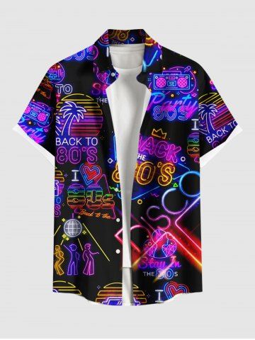 Plus Size Coconut Tree Sun Recorder Letters Neon Print Buttons Pocket Hawaii Shirt For Men