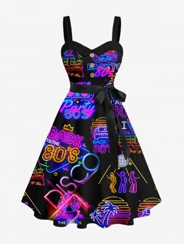 Plus Size Coconut Tree Sun Recorder Letters Neon Print Buttons Turn Down Collar Hawaii Dress With Belt - BLACK - 6X
