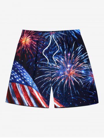 Plus Size Patriotic American Flag Fireworks Galaxy Print Drawstring Beach Shorts For Men - BLACK - 8XL
