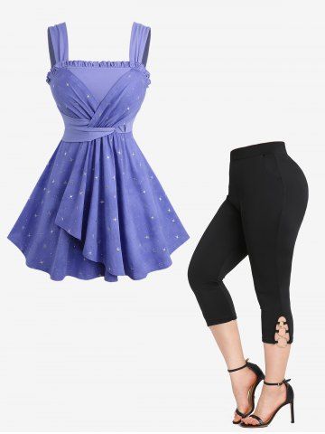 Ensemble débardeur à ourlet tulipe et leggings capri à poches avec anneaux en O, grande taille