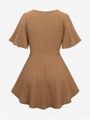 Embroidery Rhombus Hollow Out Surplice Top and Scalloped Tassel Lace Trim Flare Pants Plus Size Outfit