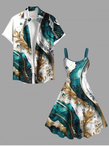 Metallic Leaf Diamond Print Plus Size Matching Hawaii Beach Outfit For Couples - GREEN