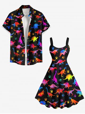 Colorful Dinosaur Foot Print Plus Size Matching Hawaii Beach Outfit For Couples - BLACK