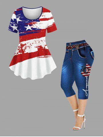 Patriotic American Flag Sunflower Distressed Print Plus Size Matching Set - BLUE