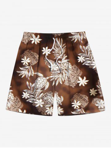 Plus Size Tropical Leaves Turtle Ethnic Tie Dye Ombre Print Hawaii Drawstring Beach Shorts For Men - DEEP COFFEE - 8XL