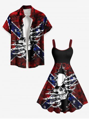 Tie Dye Ombre Skull Ripped Patriotic American Flag Print Plus Size Matching Outfit For Couples - RED