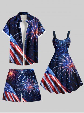 Patriotic American Flag Fireworks Galaxy Print Plus Size Matching Outfit For Couples - DEEP BLUE
