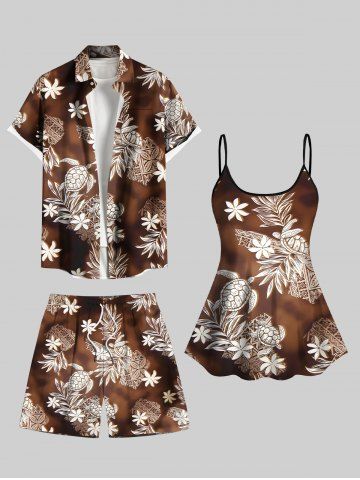 Flower Turtle Tie Dye Ombre Print Shirt Swimsuit Shorts Plus Size Matching Hawaii Beach Outfit For Couples