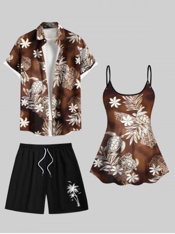 Flower Turtle Tie Dye Ombre Print Shirt Swimsuit Shorts Plus Size Matching Hawaii Beach Outfit