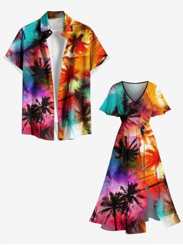 Tenue de plage hawaïenne assortie grande taille à imprimé graffiti ombré cocotier pour couples