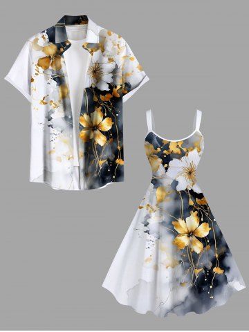 Ink Painting Tie Dye Ombre Flower Print Plus Size Matching Hawaii Beach Outfit For Couples - GRAY