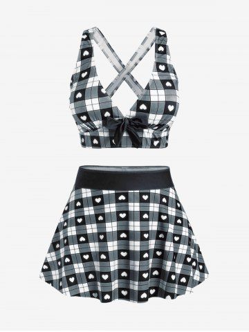 Plus Size Valentines Heart Bowknot Crisscross Padded Three Piece Tankini Swimsuit - BLACK - 3X | US 22-24