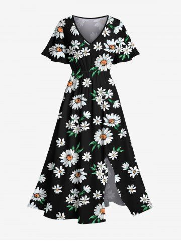 Plus Size Daisy Flowers Print Split Hawaii Midi Dress - BLACK - XXS