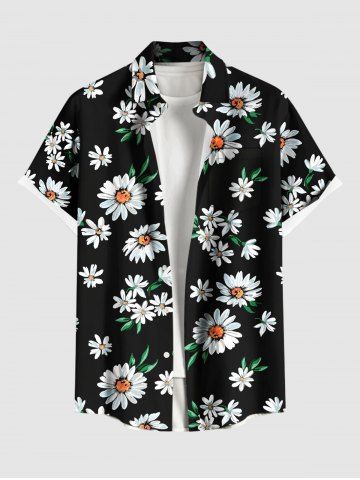 Chemise hawaïenne grande taille à imprimé marguerites, boutons et poches pour homme - BLACK - S