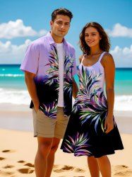 Tenue de plage hawaïenne assortie grande taille à imprimé feuilles tropicales ombré pour couples - Violet clair 