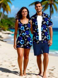 Ensemble chemise hawaïenne et barboteuse grande taille, tenue de plage assortie, imprimé fleurs d'hibiscus ombré, pour couples - Bleu profond 