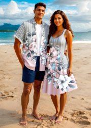 Flowers Leaf Stripes Print Plus Size Matching Hawaii Beach Outfit For Couples -  