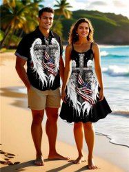 Patriotic American Flag Feather Wing Cross Print Plus Size Matching Outfit For Couples -  