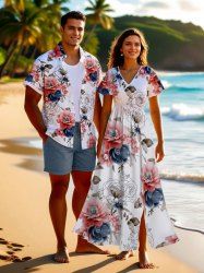 Two Tone Flower Leaf Print Plus Size Matching Hawaii Beach Outfit For Couples -  