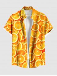 Plus Size Orange Print Buttons Pocket Hawaii Shirt For Men -  