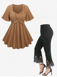 Embroidery Rhombus Hollow Out Surplice Top and Scalloped Tassel Lace Trim Flare Pants Plus Size Outfit -  