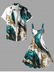 Tenue de plage hawaïenne grande taille à imprimé feuilles et diamants métalliques pour couples - Vert 