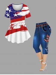Patriotic American Flag Sunflower Distressed Print Plus Size Matching Set -  