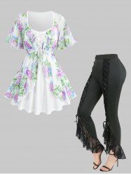 Flower Leaf Printed Ruffles Layered Top and Skulls Fishnet Mesh Lace Up Flare Pants Plus Size Outfit -  