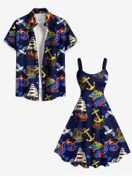 Dragon Anchor Sailboat Bird Print Plus Size Matching Hawaii Cruise Beach Outfit For Couples -  