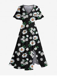 Robe mi-longue hawaïenne fendue à imprimé marguerites grande taille - Noir 5X