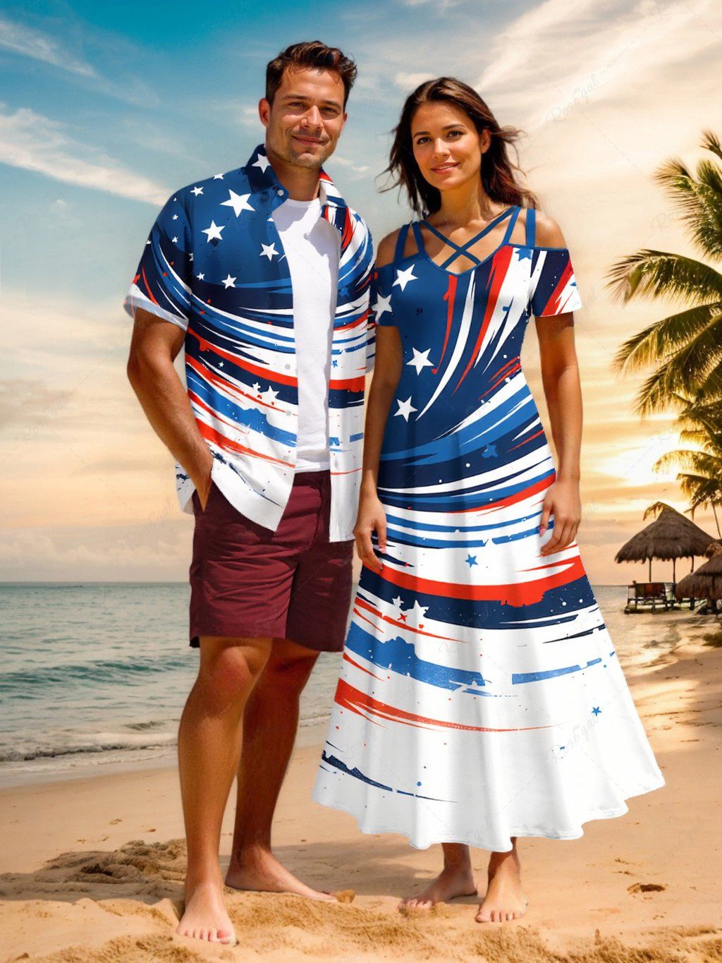 Sale Patriotic American Flag Paint Splatter Print Plus Size Matching Outfit For Couples  