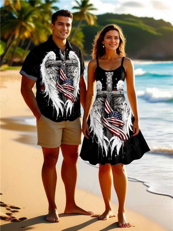 Chic Patriotic American Flag Feather Wing Cross Print Plus Size Matching Outfit For Couples  