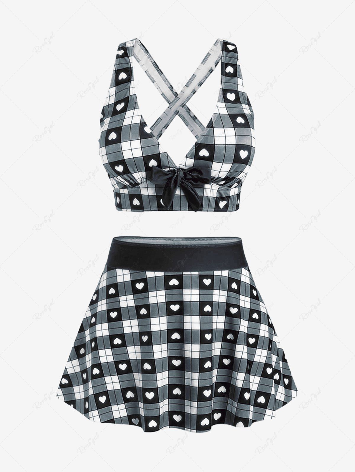 New Plus Size Valentines Heart Bowknot Crisscross Padded Three Piece Tankini Swimsuit  