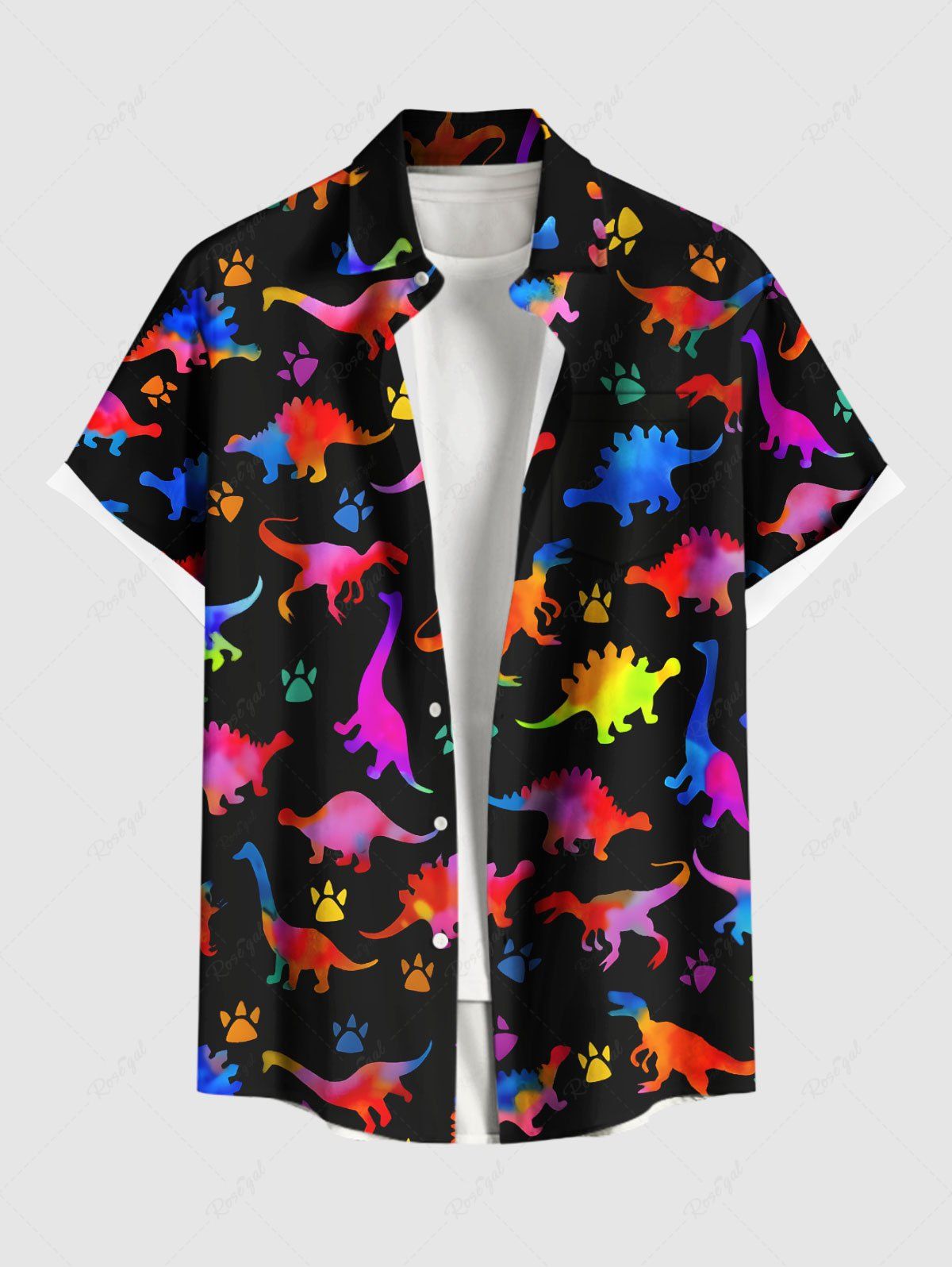 Chemise hawaïenne grande taille à imprimé dinosaure coloré et poches à boutons pour homme Noir XL