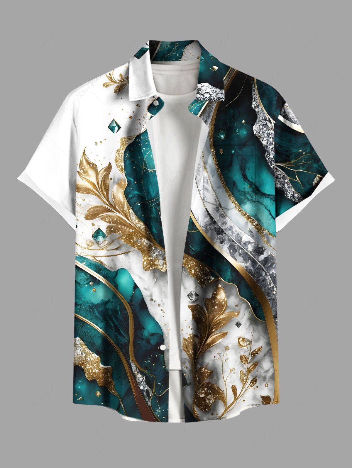 Discount Plus Size Metallic Leaf Diamond Print Buttons Pocket Hawaii Shirt For Men  