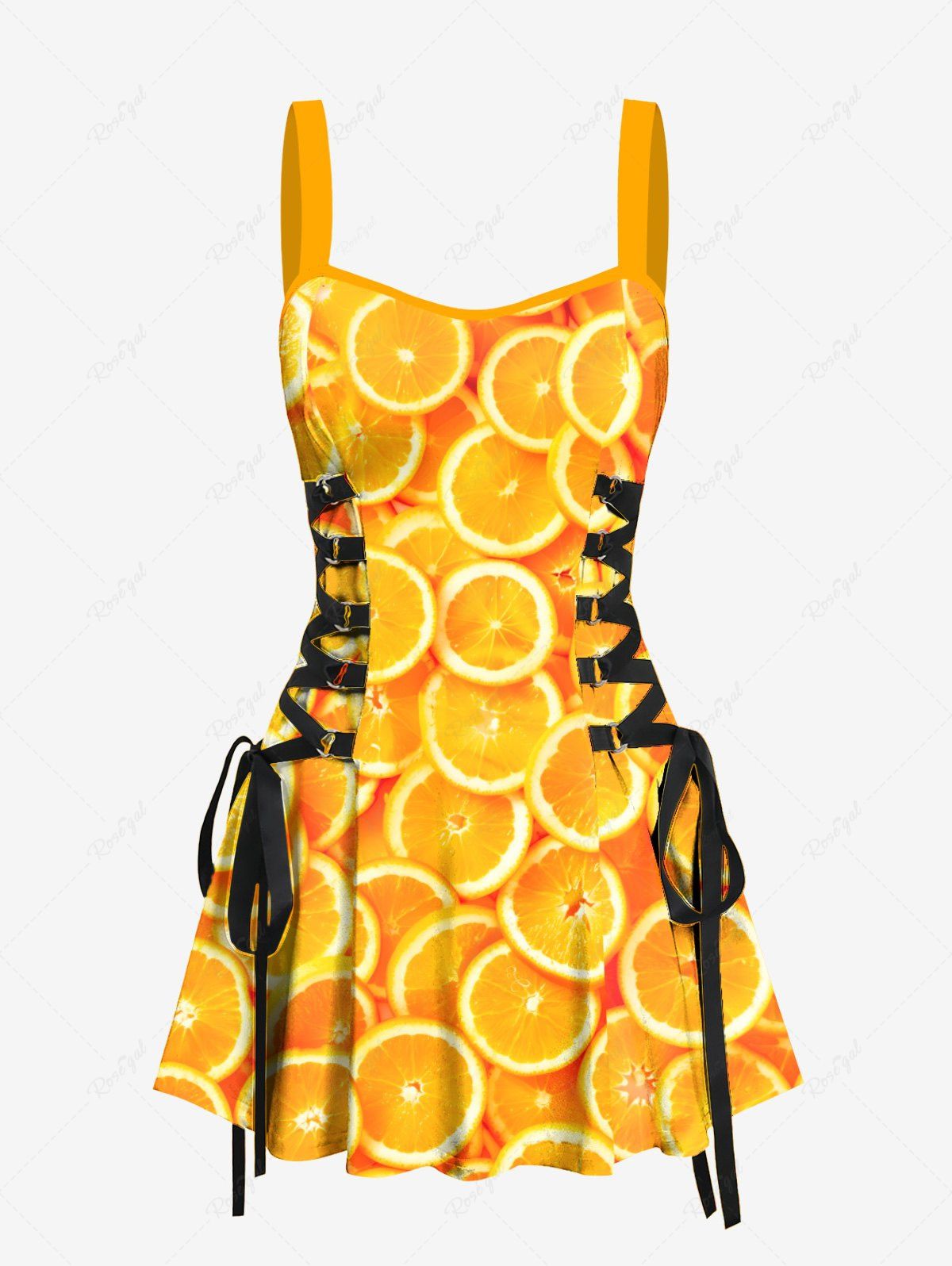 Hot Orange Print Lace Up Hawaii Tank Dress  