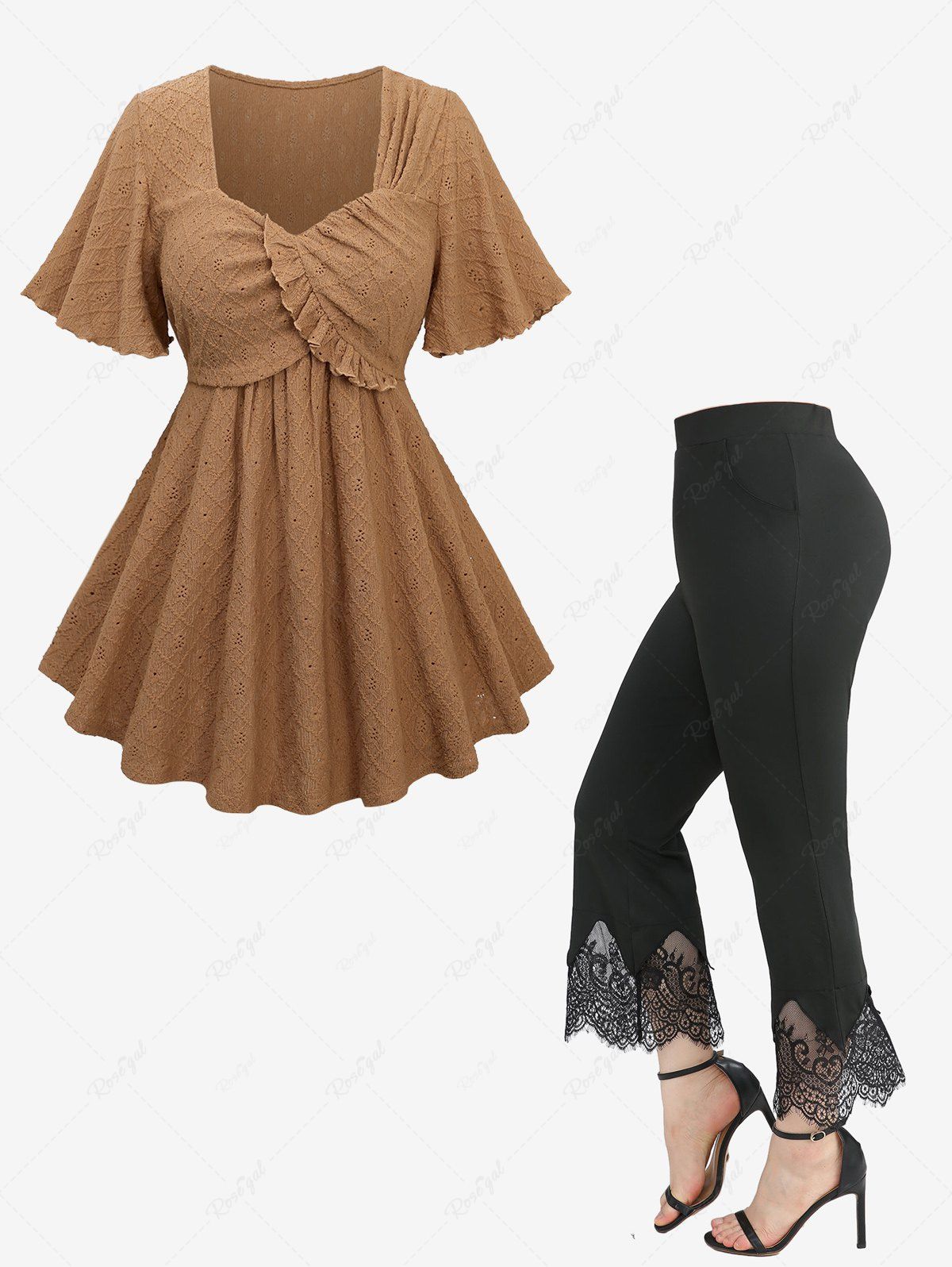 Buy Embroidery Rhombus Hollow Out Surplice Top and Scalloped Tassel Lace Trim Flare Pants Plus Size Outfit  