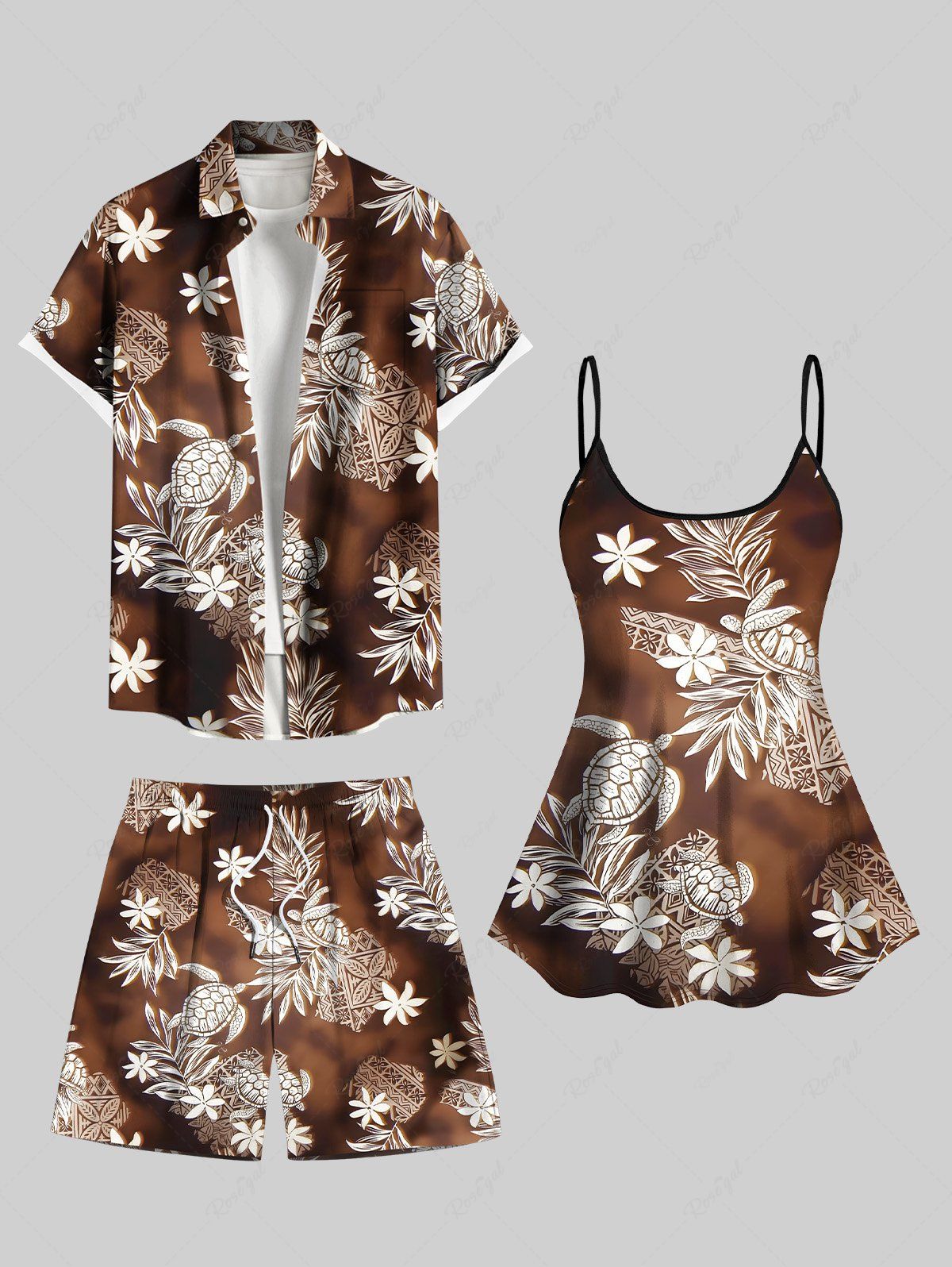 Unique Flower Turtle Tie Dye Ombre Print Shirt Swimsuit Shorts Plus Size Matching Hawaii Beach Outfit For Couples  