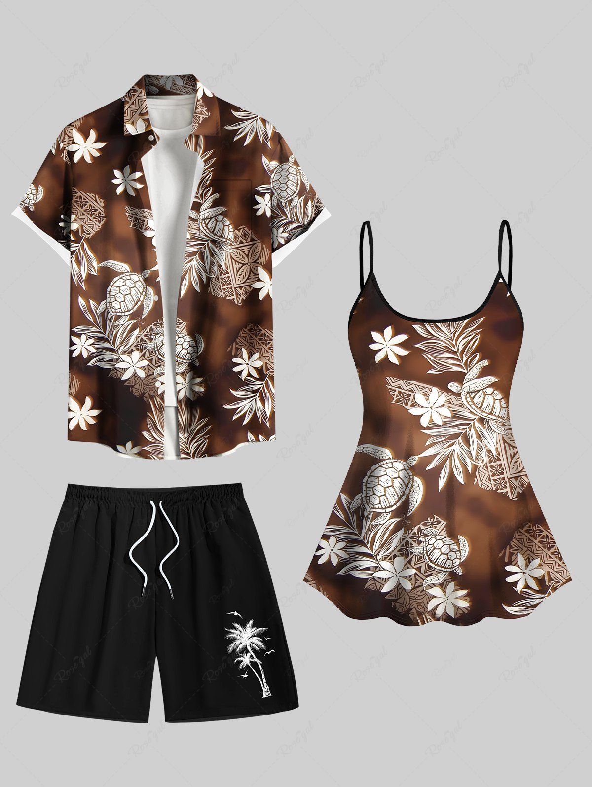 Fashion Flower Turtle Tie Dye Ombre Print Shirt Swimsuit Shorts Plus Size Matching Hawaii Beach Outfit  