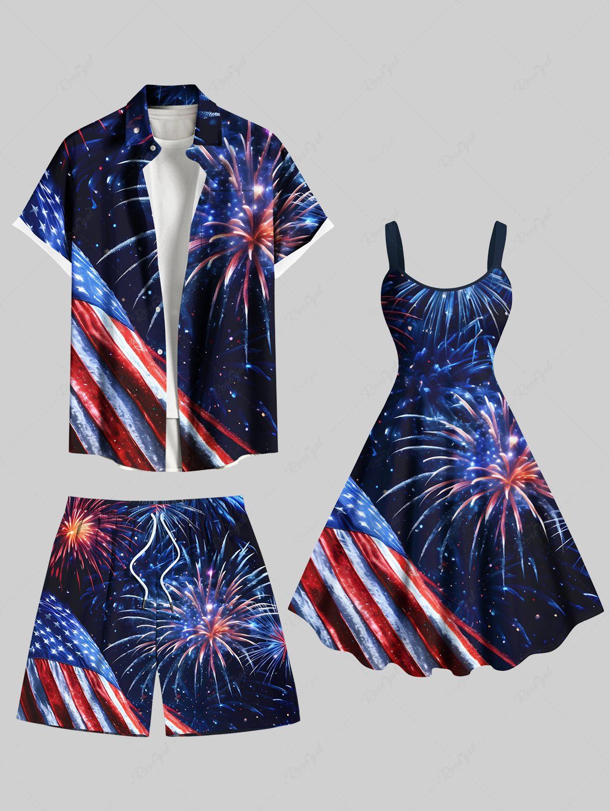 Chic Patriotic American Flag Fireworks Galaxy Print Plus Size Matching Outfit For Couples  
