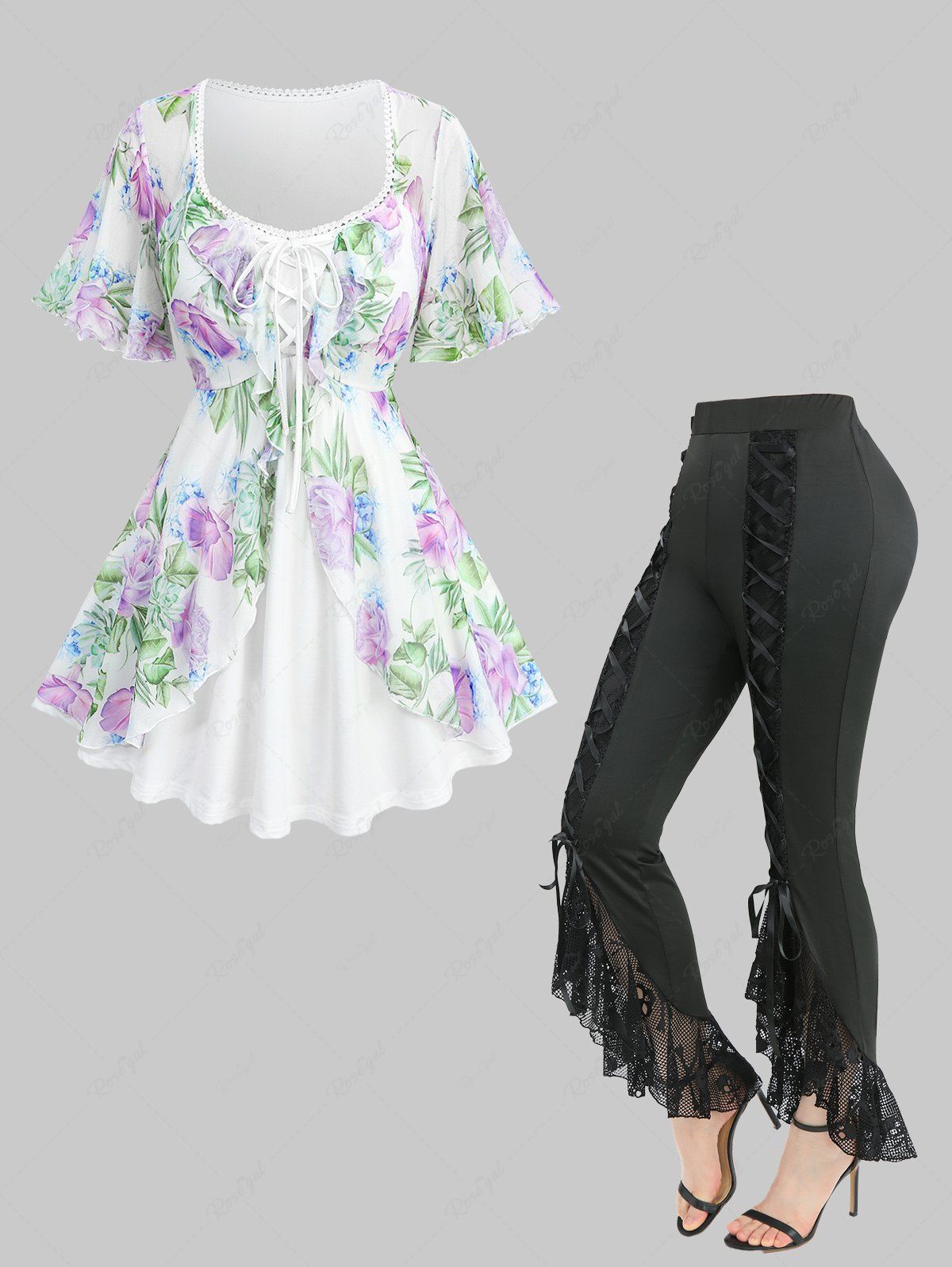 Fashion Flower Leaf Printed Ruffles Layered Top and Skulls Fishnet Mesh Lace Up Flare Pants Plus Size Outfit  