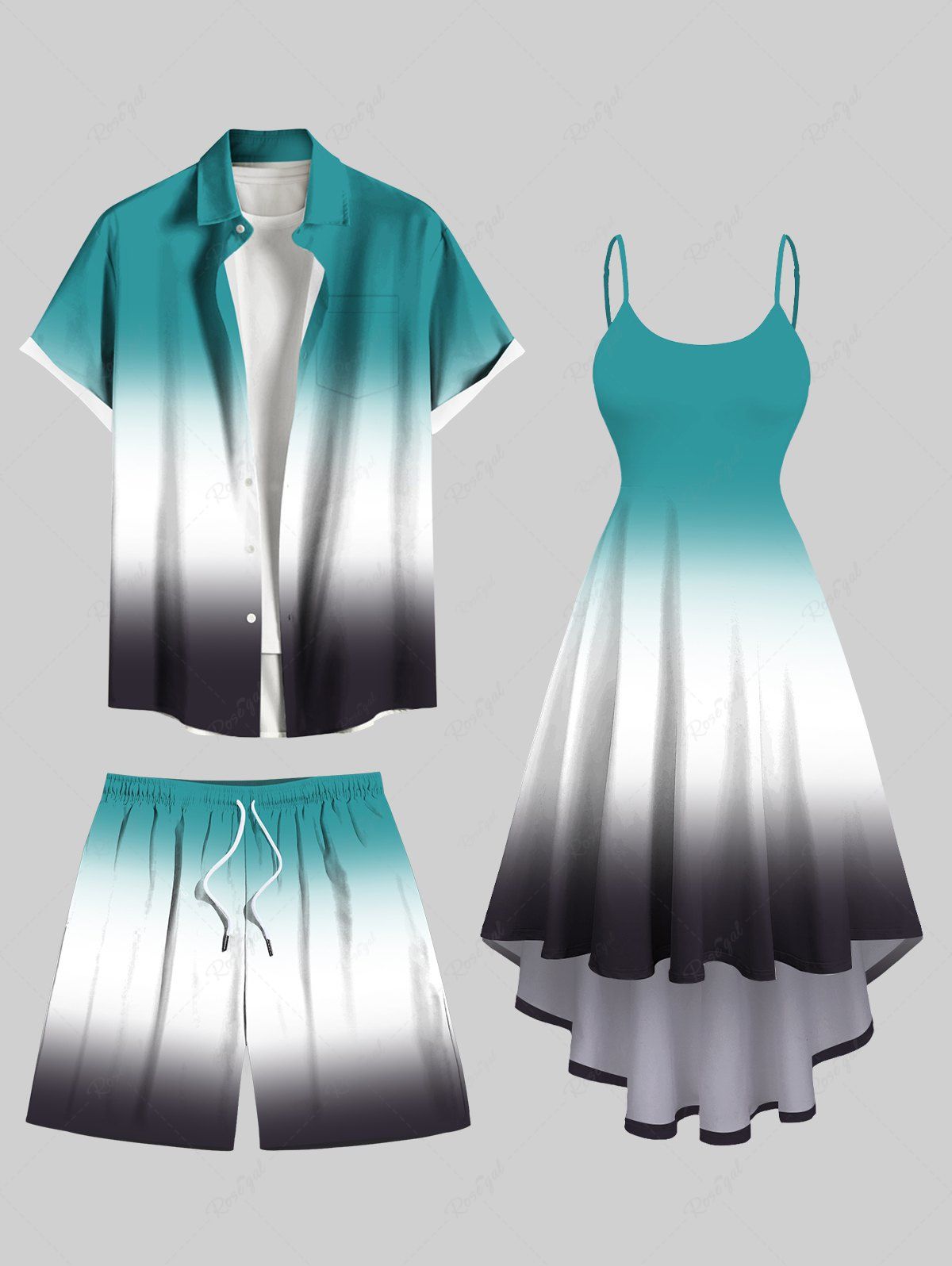 Unique Ombre Colorblock Print Plus Size Matching Hawaii Beach Outfit For Couples  