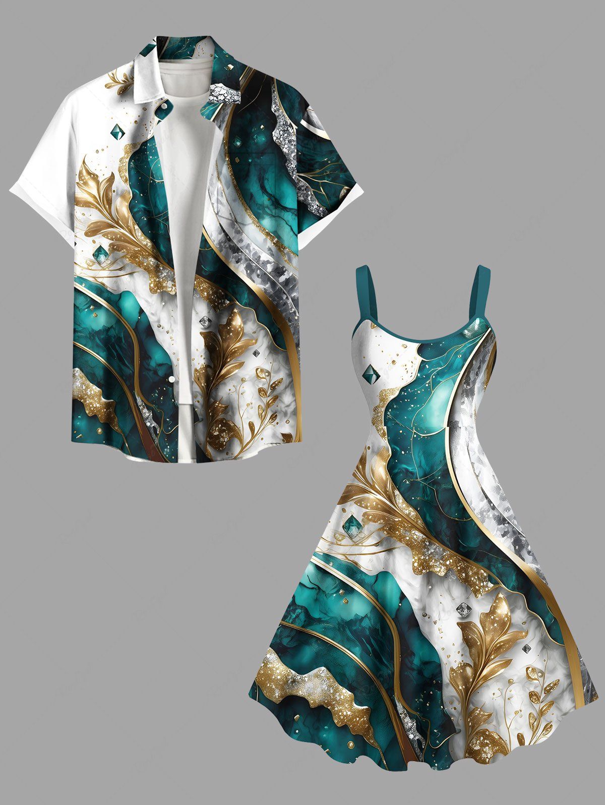 Tenue de plage hawaïenne grande taille à imprimé feuilles et diamants métalliques pour couples Vert 
