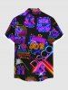 Plus Size Coconut Tree Sun Recorder Letters Neon Print Buttons Pocket Hawaii Shirt For Men -  