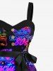 Plus Size Coconut Tree Sun Recorder Letters Neon Print Buttons Turn Down Collar Hawaii Dress With Belt -  