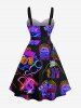 Plus Size Coconut Tree Sun Recorder Letters Neon Print Buttons Turn Down Collar Hawaii Dress With Belt -  