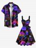 Plus Size Coconut Tree Sun Recorder Letters Neon Print Buttons Turn Down Collar Hawaii Dress With Belt -  