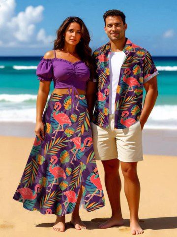 Colorful Tropical Leaves Flamingo Print Plus Size Matching Hawaii Beach Outfit For Couples - PURPLE